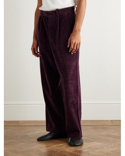 Bode Purple Wide-Leg Cropped Pleated Cotton-Corduroy Trousers for men