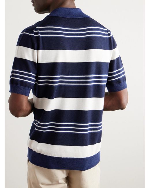Mr P. Blue Camp-collar Striped Merino Wool Polo Shirt for men