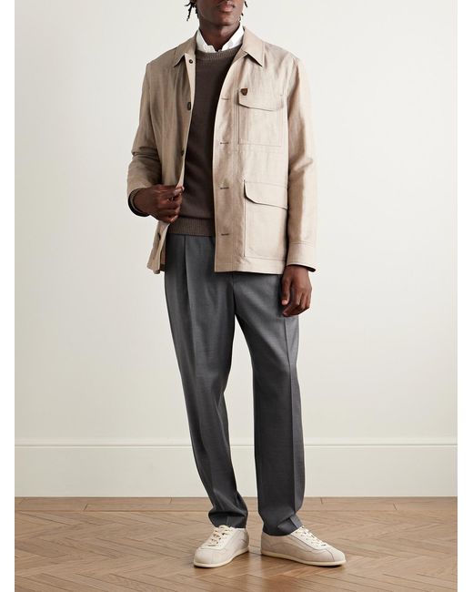 Caruso Gray Slim-Fit Pleated Wool Drawstring Trousers for men