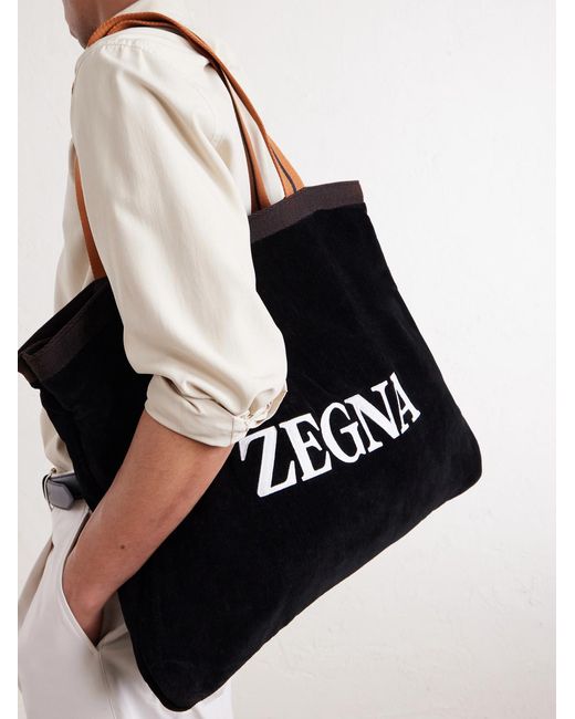Zegna Black Logo-Embroidered Cotton-Terry Beach Towel Tote Bag for men