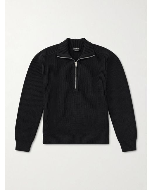 Tom Ford Pullover aus Merinowolle in Rippstrick mit kurzem Reißverschluss in Blue für Herren