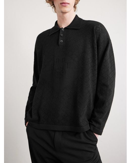 Bode Black Anisette Pointelle-knit Cotton Polo Shirt for men