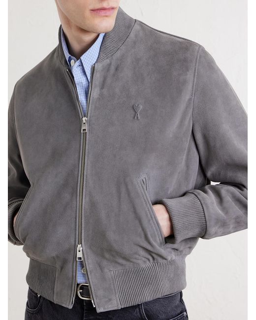 AMI Gray Logo-Embossed Suede Bomber Jacket for men