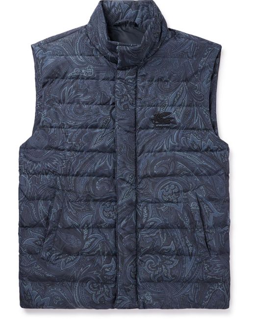 Etro Blue Logo-embroidered Paisley-print Quilted Shell Down Gilet for men