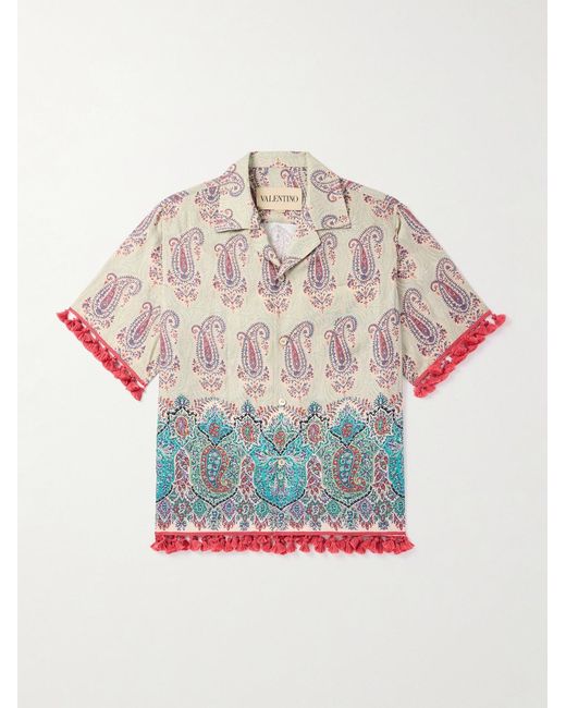 Valentino Garavani Gray Voyage Imaginaire Camp-Collar Tasseled Paisley-Print Linen Shirt for men