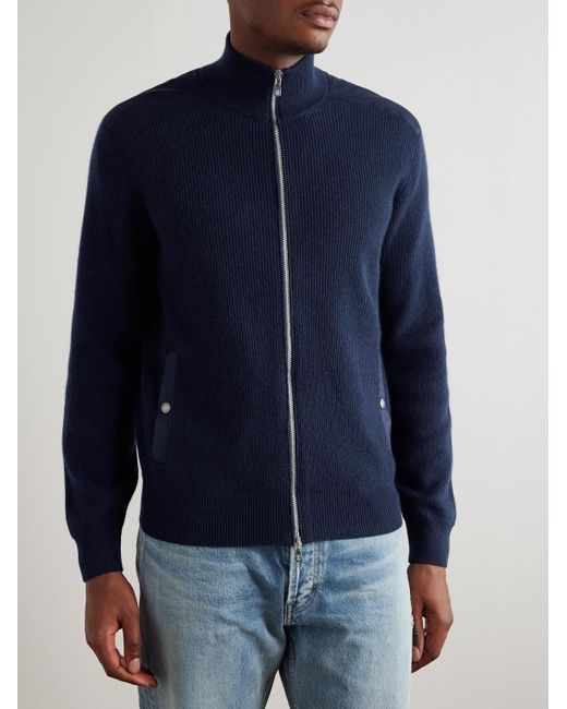 Brunello Cucinelli Cardigan aus Kaschmir in Rippstrick mit Reißverschluss und Baumwoll-Twill-Besatz in Blue für Herren