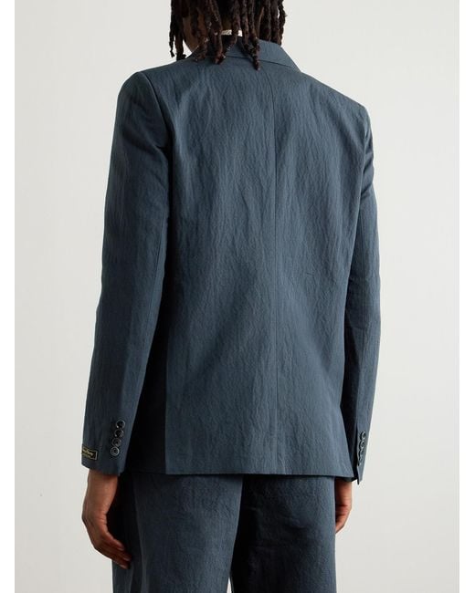 A Kind Of Guise Blue Double-Breasted Cotton And Linen-Blend Seersucker Blazer for men
