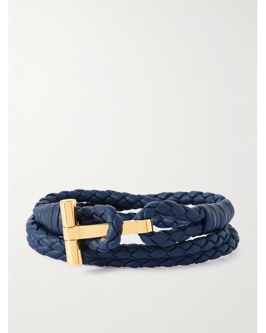 Tom Ford Blue Woven Leather And-Plated Wrap Bracelet for men