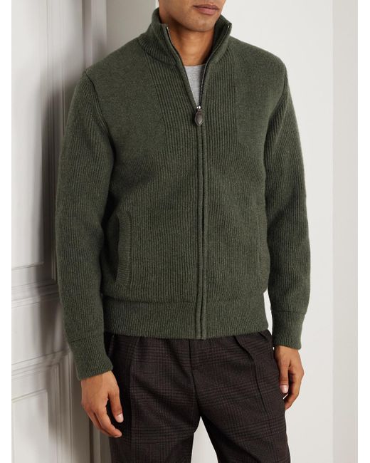 James Purdey & Sons Green Orkney Ribbed-Knit Wool Zip-Up Cardigan for men