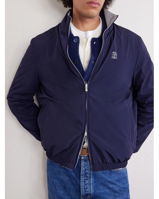 Brunello Cucinelli Blue Logo-Embroidered Shell Blouson Jacket for men