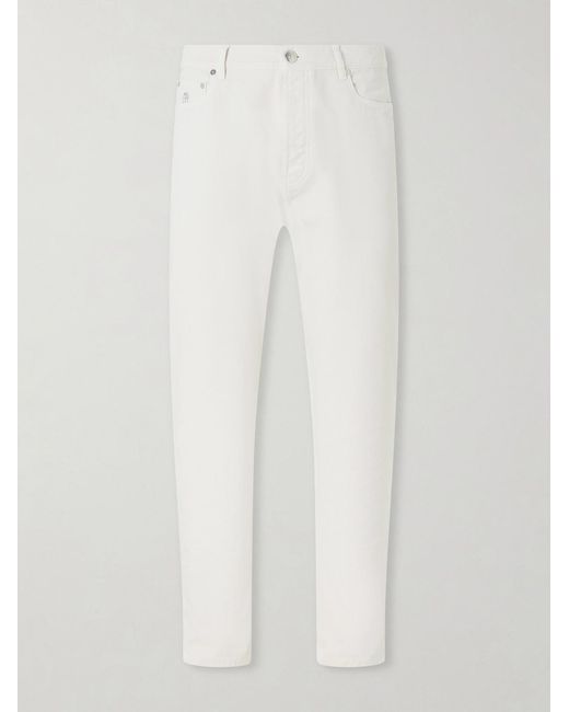 Brunello Cucinelli White Slim-Fit Straight-Leg Logo-Embroidered Jeans for men