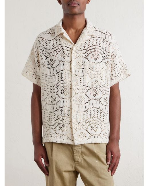 Portuguese Flannel Natural Camp-Collar Crocheted Cotton-Blend Shirt for men