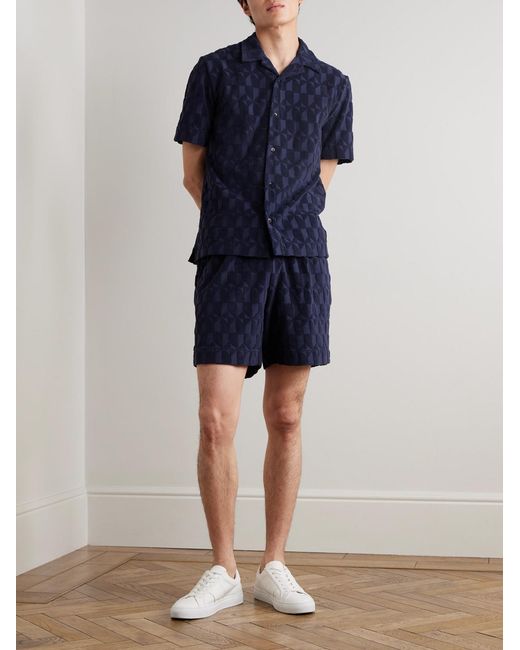 Mr P. Blue Camp-Collar Organic Cotton-Terry Jacquard Shirt for men