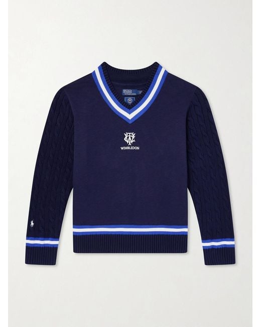 Polo Ralph Lauren Blue Wimbledon Logo-Embroidered Cable-Knit Cotton-Blend Fleece Sweater for men