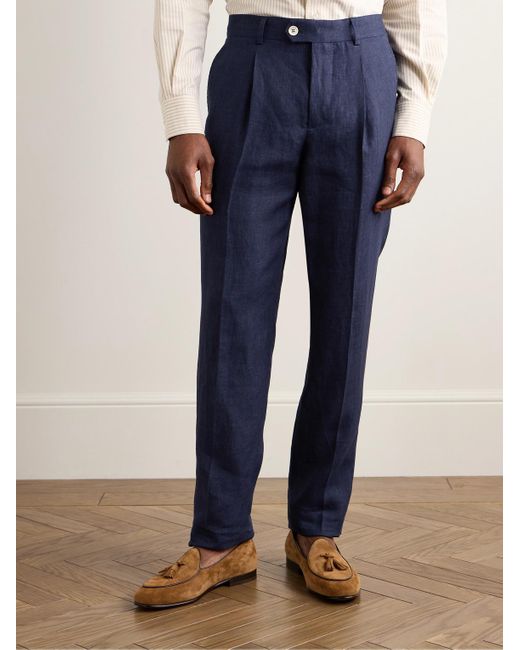 Brunello Cucinelli Blue Slim-Fit Pleated Linen Suit Trousers for men