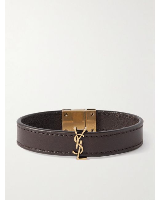 Saint Laurent Brown Cassandre Logo-embellished Leather And Gold-tone Bracelet for men