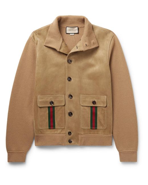 Gucci Brown Webbing-trimmed Suede And Wool Jacket for men