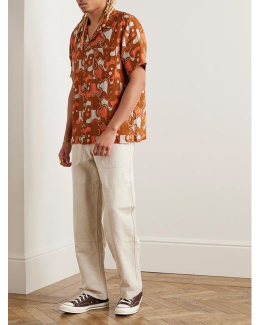 Folk Orange Camp-collar Printed Ramie Shirt for men