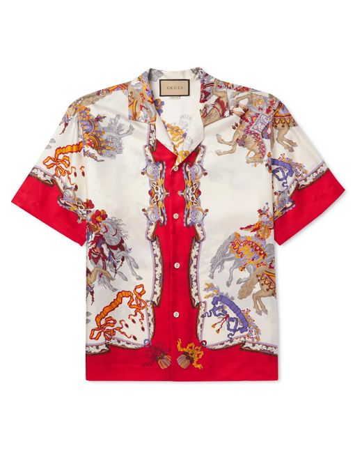 Gucci Camp-collar Printed Silk-twill Shirt in Red for Men | Lyst