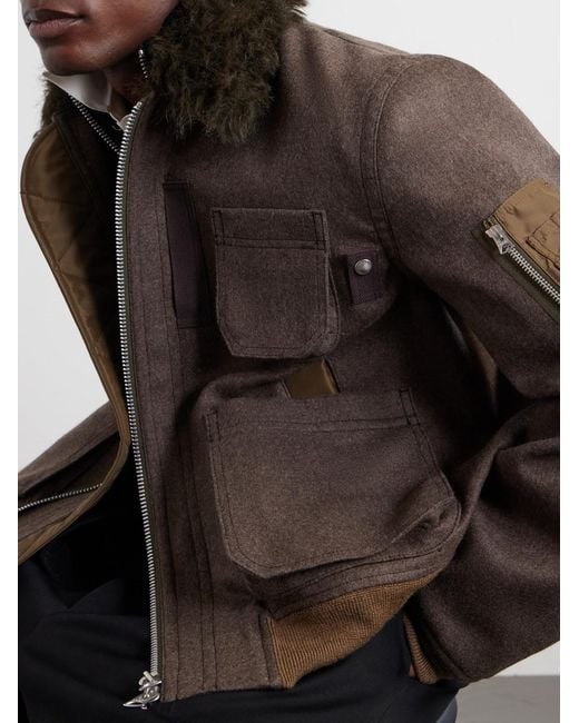 Sacai Brown Melton Plush-Trimmed Wool Blouson Jacket for men