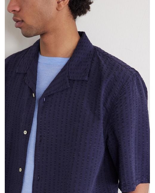 Officine Generale Blue Eren Camp-collar Cotton And Lyocell-blend Seersucker Shirt for men