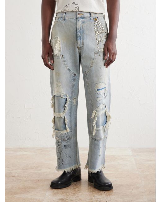 Paly Hollywood Blue Straight-leg Distressed Studded Jeans for men