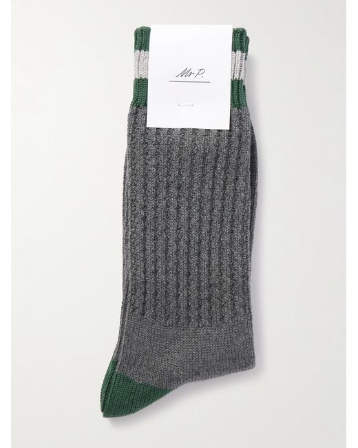 Mr P. Gray Striped Ribbed Cotton-Blend Socks for men