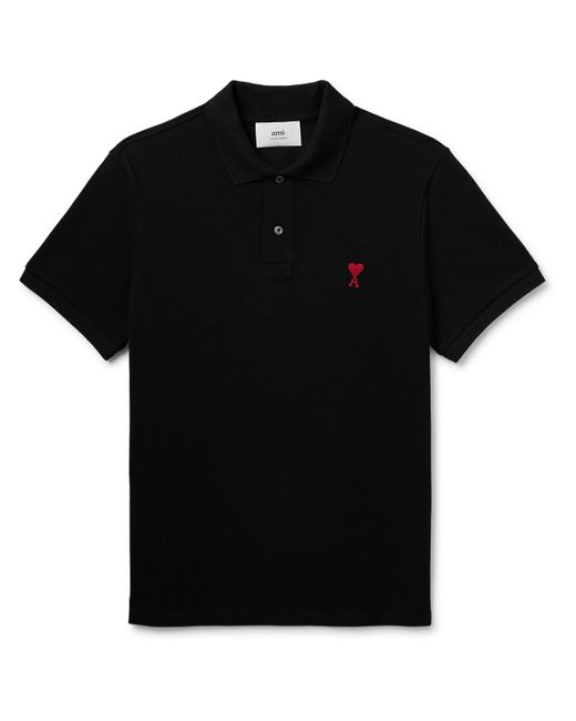 AMI Black Logo-embroidered Cotton-piqué Polo Shirt for men