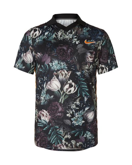 Nike Black Nikecourt Slam Striped Floral-print Dri-fit Tennis Polo Shirt for men