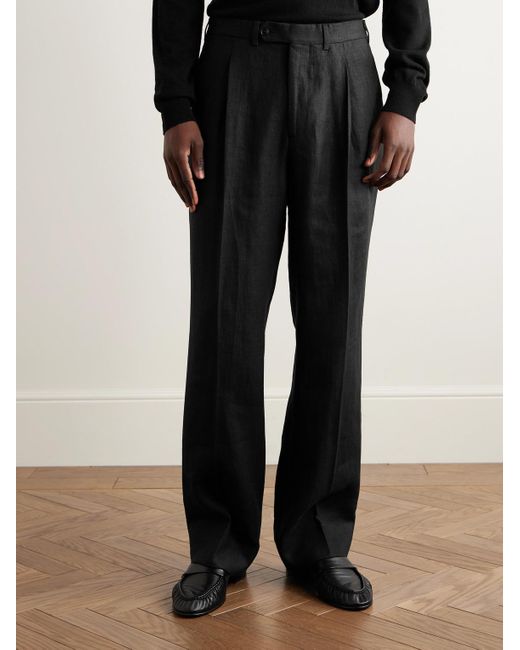 Saman Amel Black Straight-Leg Pleated Linen Suit Trousers for men