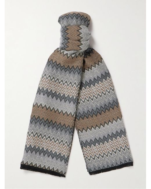 Missoni Gray Fringed Striped Crocheted Cotton Scarf for men