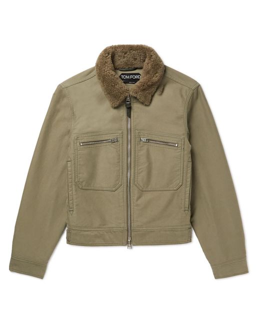 Tom Ford Slimfit Fleecetrimmed Washed Cottontwill Jacket in Green