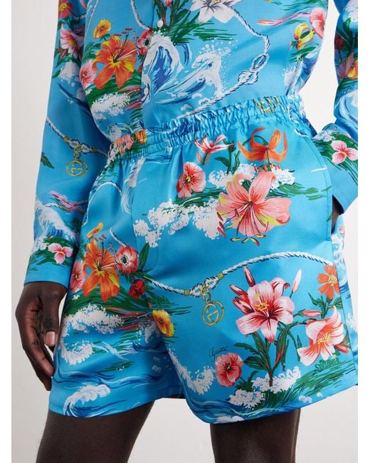 Gucci Blue Straight-Leg Floral-Print Silk-Twill Shorts for men