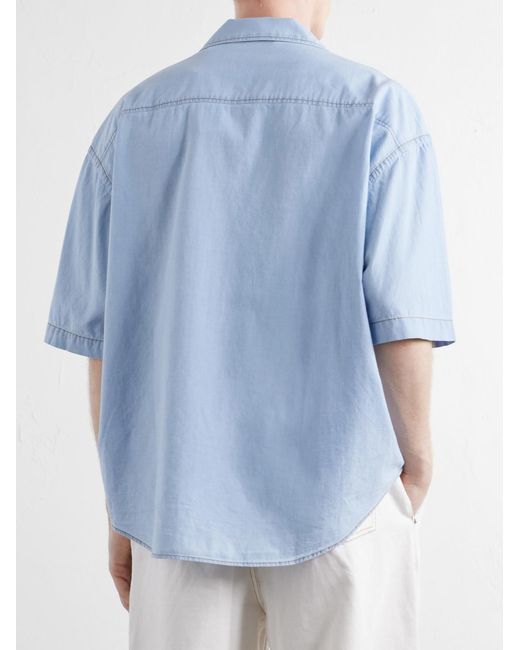 AMI Blue Logo-Embroidered Cotton-Chambray Shirt for men