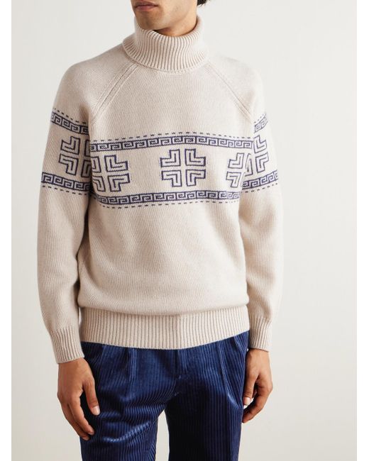 Brunello Cucinelli Natural Intarsia-Knit Cashmere Rollneck Sweater for men
