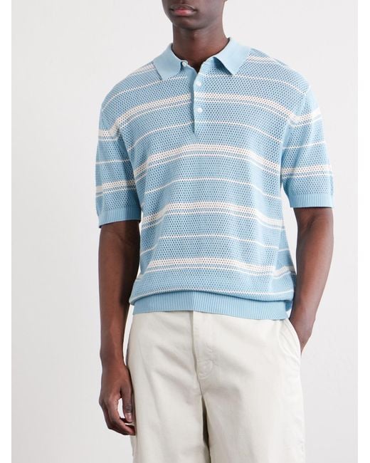 Beams Plus Blue Striped Knitted Cotton Polo Shirt for men