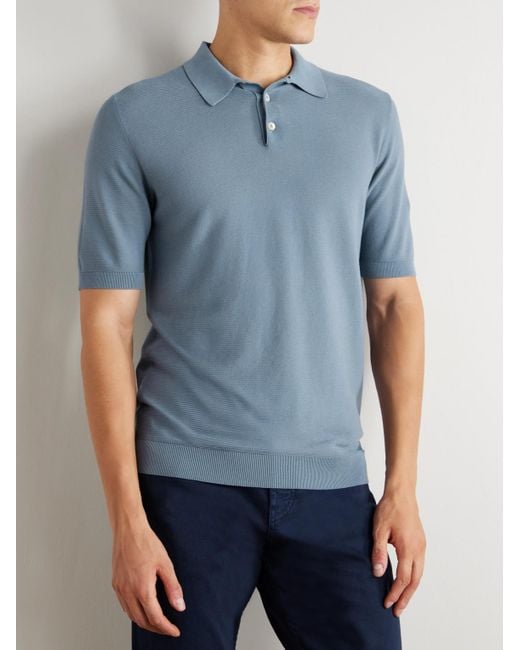 Eleventy Blue Slim-Fit Ribbed Cotton Polo Shirt for men