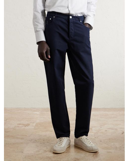 Brunello Cucinelli Blue Logo- Embroidered Straight-Leg Cotton-Twill Trousers for men