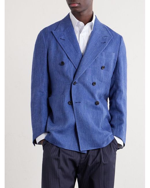 Double-Breasted Linen And Wool-Blend Suit Jacket di Rubinacci in Blue da Uomo
