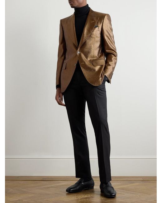 Tom Ford Brown Slim-Fit Croc-Effect Coated Wool-Blend Tuxedo Jacket for men