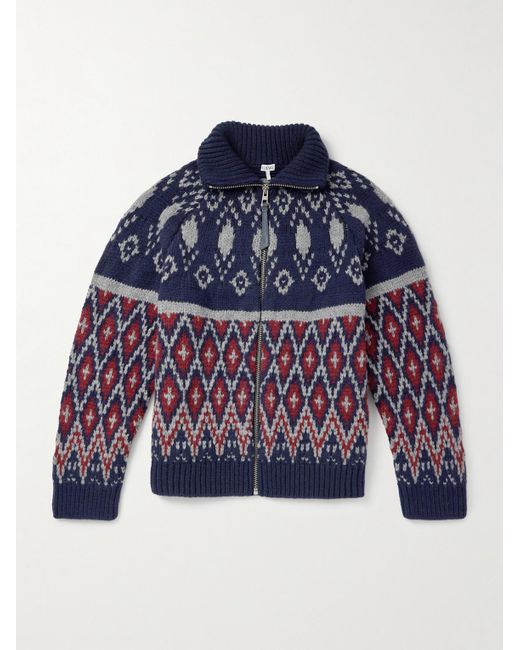 Loewe Blue Fair Isle Wool-Blend Jacquard Zip-Up Cardigan for men
