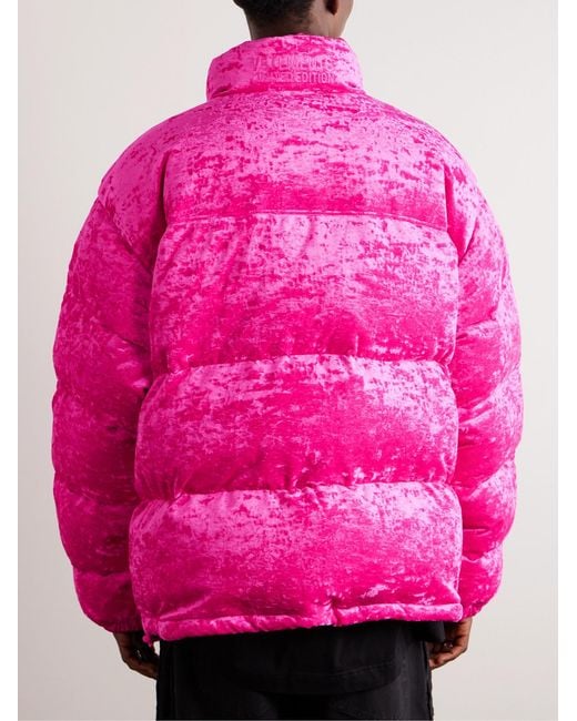 Vetements Pink Oversized Logo-Appliquéd Quilted Crushed-Velvet Down Jacket for men