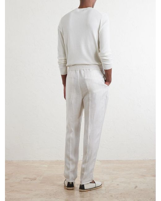 Brunello Cucinelli White Straight-Leg Pinstriped Pleated Linen Trousers for men