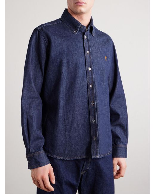 AMI Blue Button-Down Collar Logo-Embroidered Denim Shirt for men