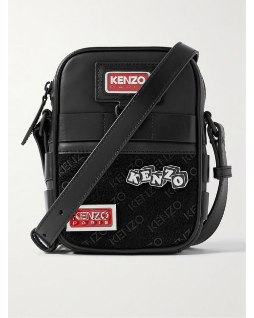 KENZO Black Jungle Logo-appliquéd Leather Messenger Bag for men