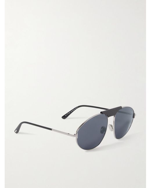 Tom Ford Ken Pilotensonnenbrille mit silberfarbenen Details und Lederbesatz in Blue für Herren