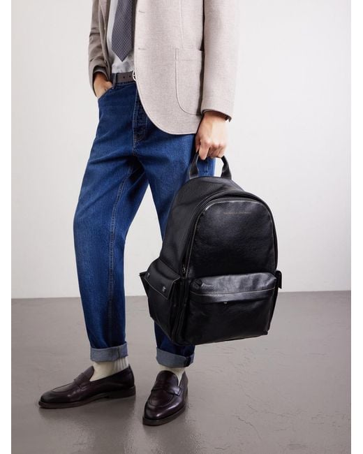 Brunello Cucinelli Black Full-Grain Leather Backpack for men