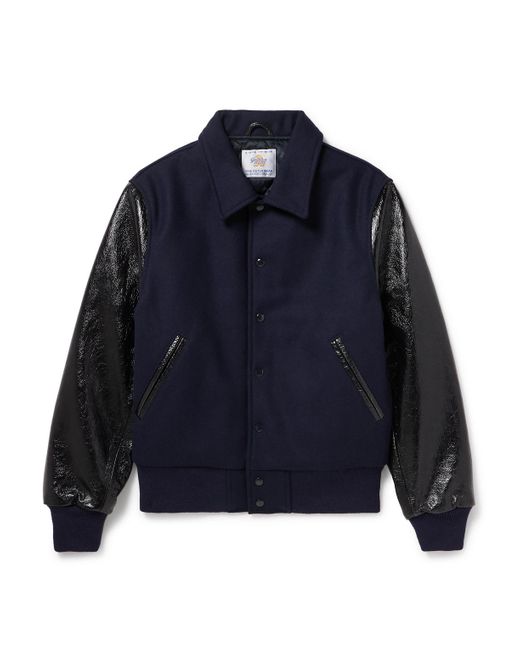 Golden Bear Blue Padded Wool-blend Felt And Cracked Glossed-leather Varsity Jacket for men