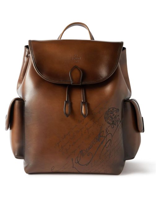 Berluti Brown Horizon Scritto Leather Backpack for men