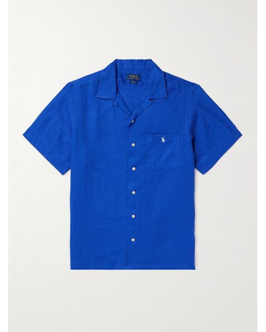 Camicia in lino con colletto convertibile e logo ricamato di Polo Ralph Lauren in Blue da Uomo
